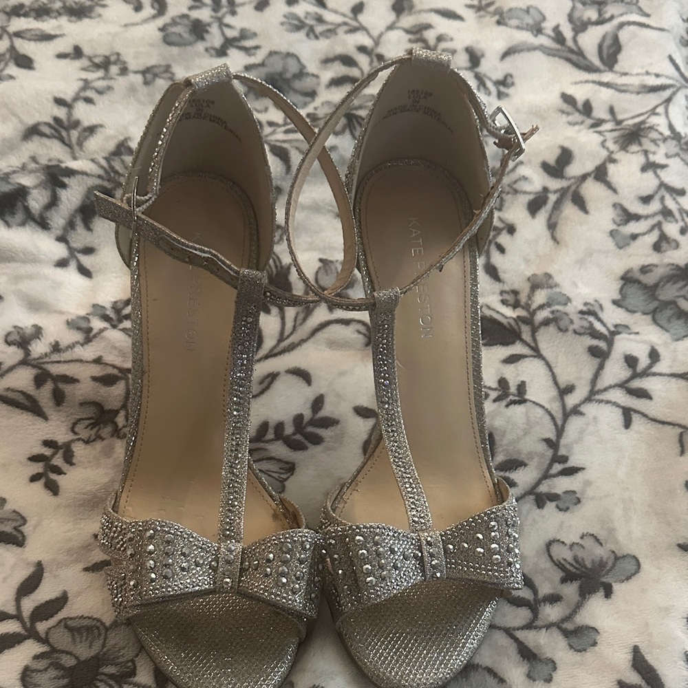 kate spade Silver T-Strap Crystal Bow Heels